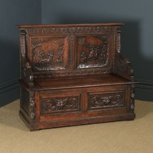 Antique English Victorian Oak Carved Green Man High Back Hall Settle / Monks Bench (Circa 1890)