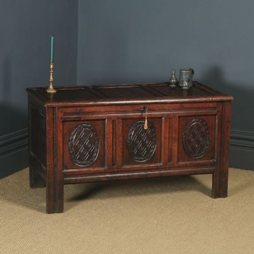 Antique English 17th Century Oak Carved Triple Panel Coffer Chest Blanket Box (Circa 1650)