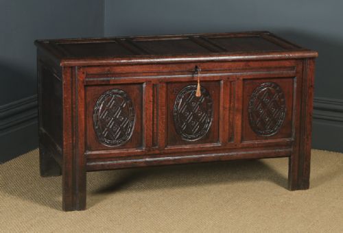 fig 1. Antique English 17th Century Oak Carved Triple Panel Coffer Chest Blanket Box (Circa 1650)