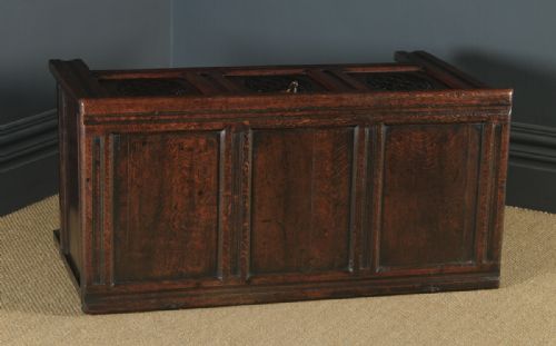 fig 2. Antique English 17th Century Oak Carved Triple Panel Coffer Chest Blanket Box (Circa 1650)