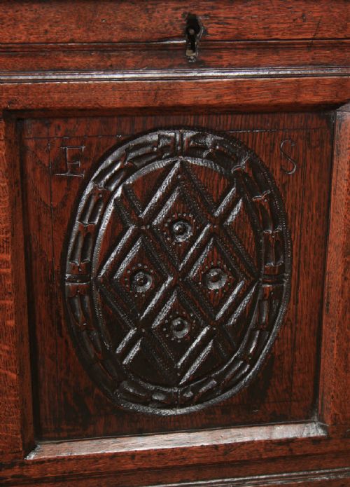 fig 4. Antique English 17th Century Oak Carved Triple Panel Coffer Chest Blanket Box (Circa 1650)