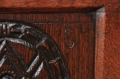 fig 5. Antique English 17th Century Oak Carved Triple Panel Coffer Chest Blanket Box (Circa 1650)