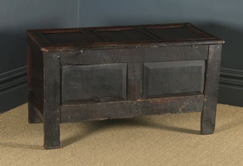 fig 8. Antique English 17th Century Oak Carved Triple Panel Coffer Chest Blanket Box (Circa 1650)