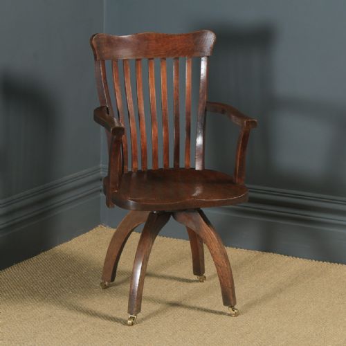Antique English Edwardian Oak Revolving Office Desk Arm Chair (Circa 1910)