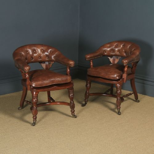 Antique English Pair of Victorian Walnut & Brown Leather Office Desk Library Club Chairs / Armchairs (Circa 1860)