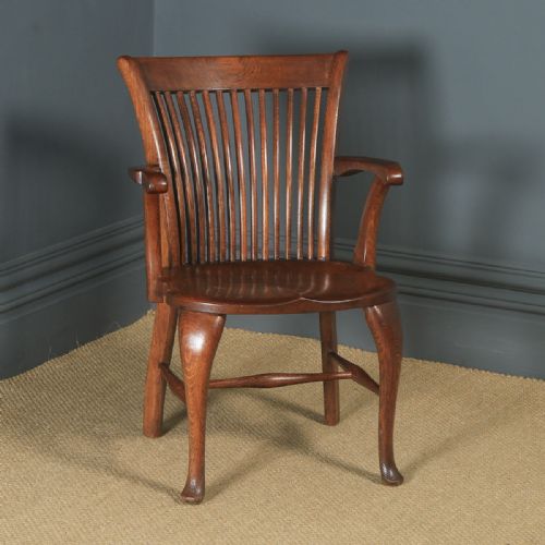 Antique English Edwardian Oak Fan Back Office Desk Arm Chair (Circa 1910)