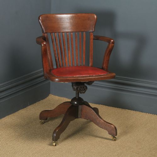 Antique English Edwardian Oak & Red Leather Revolving Office Desk Arm Chair (Circa 1910)