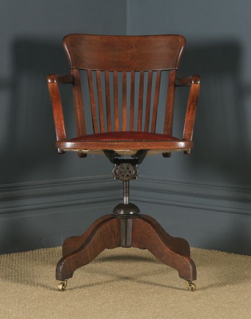 fig 1. Antique English Edwardian Oak & Red Leather Revolving Office Desk Arm Chair (Circa 1910)