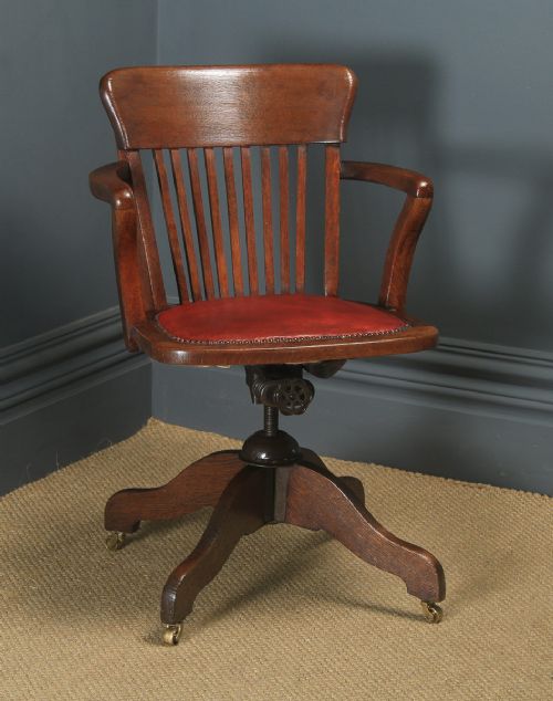 fig 2. Antique English Edwardian Oak & Red Leather Revolving Office Desk Arm Chair (Circa 1910)