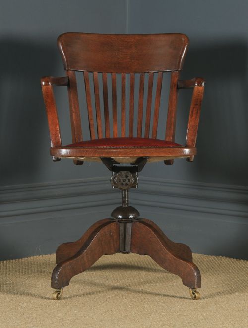 fig 3. Antique English Edwardian Oak & Red Leather Revolving Office Desk Arm Chair (Circa 1910)