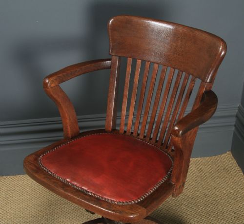 fig 4. Antique English Edwardian Oak & Red Leather Revolving Office Desk Arm Chair (Circa 1910)