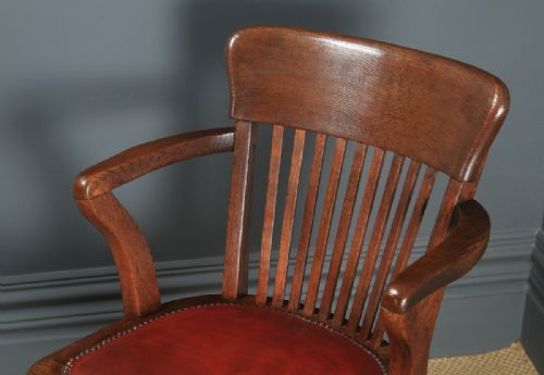 fig 5. Antique English Edwardian Oak & Red Leather Revolving Office Desk Arm Chair (Circa 1910)