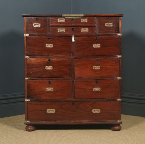 fig 1. Antique Anglo-Indian Victorian Teak & Brass Military Campaign Chest of Drawers (Circa 1860)