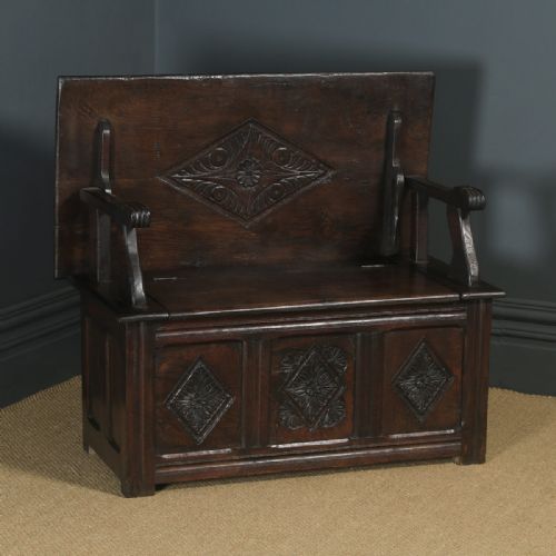 Antique English 17th Century Style Victorian Carved Oak Monks Bench Table (Circa 1880)