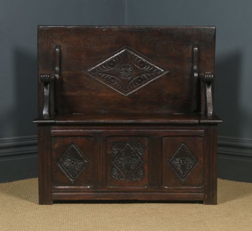 fig 1. Antique English 17th Century Style Victorian Carved Oak Monks Bench Table (Circa 1880)