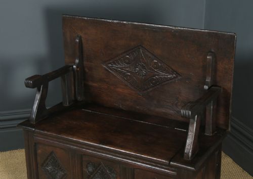 fig 2. Antique English 17th Century Style Victorian Carved Oak Monks Bench Table (Circa 1880)