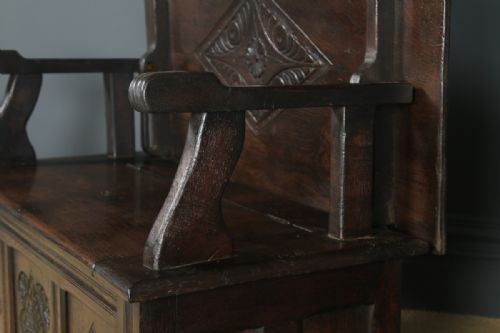 fig 5. Antique English 17th Century Style Victorian Carved Oak Monks Bench Table (Circa 1880)
