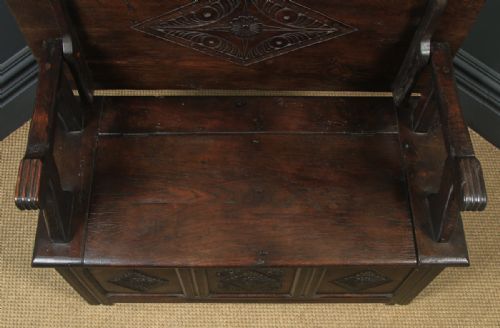 fig 6. Antique English 17th Century Style Victorian Carved Oak Monks Bench Table (Circa 1880)
