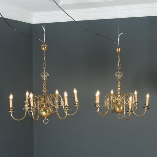 Antique Pair of Flemish 19th Century Electrical Brass Six Light Chandeliers (Circa 1900)