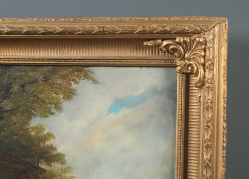 fig 2. A Victorian oil painting depicting a horse, foal, and turkey outside a wooden barn structure housed in a gilded frame.