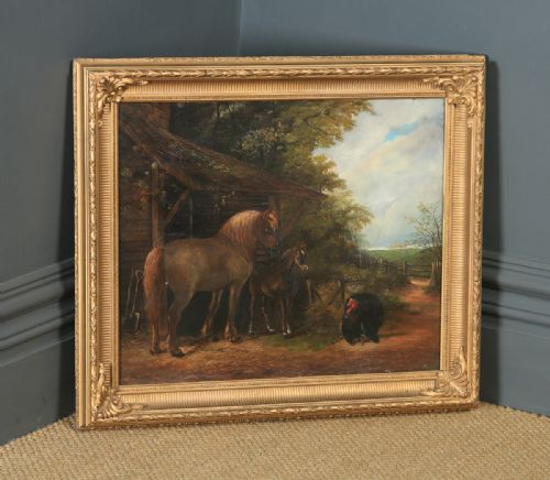 fig 3. A Victorian oil painting depicting a horse, foal, and turkey outside a wooden barn structure housed in a gilded frame.