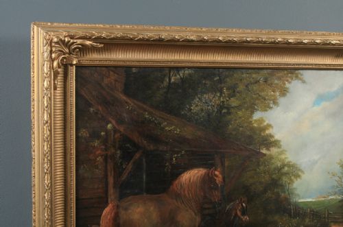 fig 4. A Victorian oil painting depicting a horse, foal, and turkey outside a wooden barn structure housed in a gilded frame.