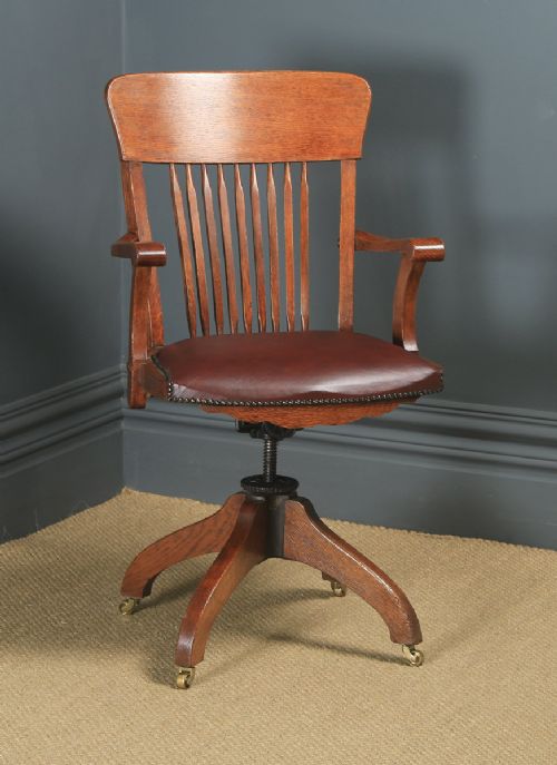 fig 1. Antique American Edwardian Art Nouveau Oak Revolving Office Desk Arm Chair by Johnson Chair Co. (Circa 1910)