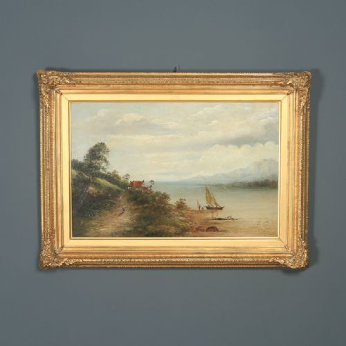 Antique English Victorian Oil Painting of a Coastal Seascape Fishing Boat Scene Believed to by Tuck (Circa 1850)
