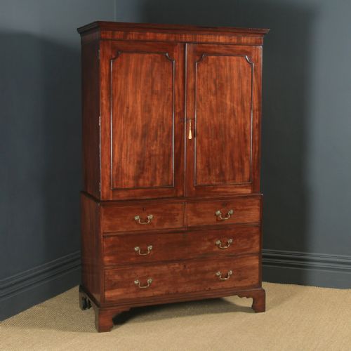 Antique English Georgian Figured Mahogany Linen Press Wardrobe Armoire (Circa 1780)