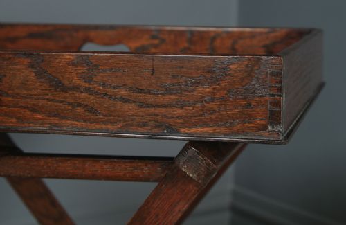 fig 4. Antique English Victorian Oak Butlers Drinks Tray Table & Stand (Circa 1900)