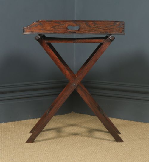 fig 5. Antique English Victorian Oak Butlers Drinks Tray Table & Stand (Circa 1900)