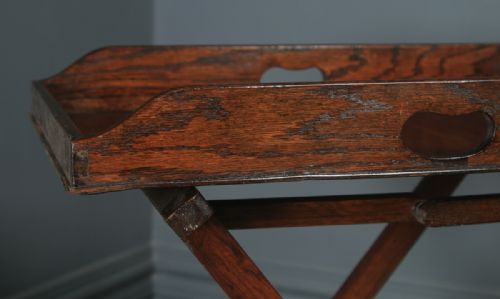 fig 6. Antique English Victorian Oak Butlers Drinks Tray Table & Stand (Circa 1900)