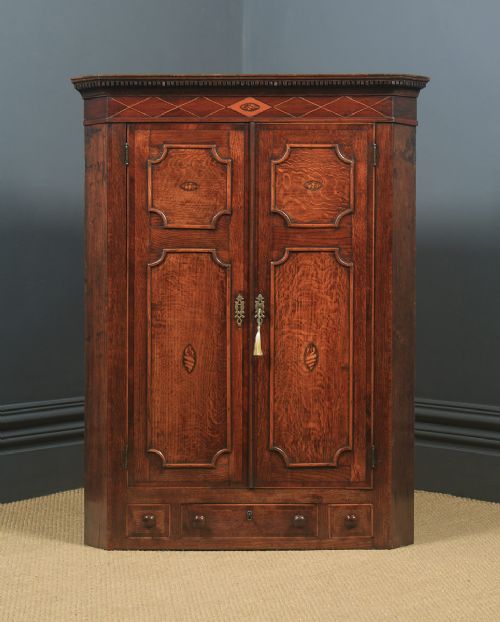 fig 1. Antique English Georgian Oak & Mahogany Inlaid Wall Hanging Corner Cupboard / Cabinet (Circa 1800)