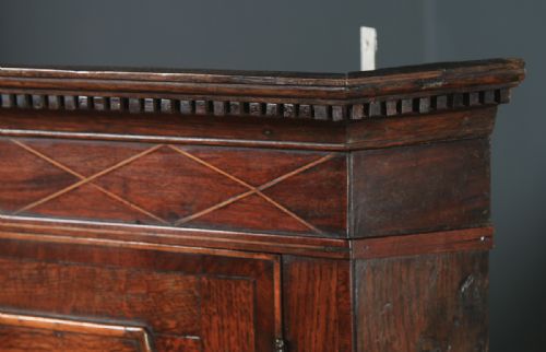 fig 2. Antique English Georgian Oak & Mahogany Inlaid Wall Hanging Corner Cupboard / Cabinet (Circa 1800)