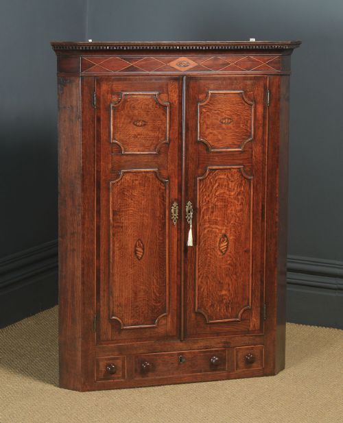 fig 3. Antique English Georgian Oak & Mahogany Inlaid Wall Hanging Corner Cupboard / Cabinet (Circa 1800)