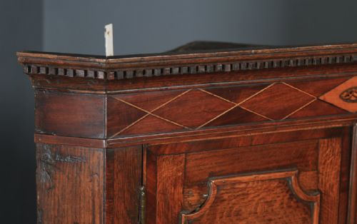 fig 4. Antique English Georgian Oak & Mahogany Inlaid Wall Hanging Corner Cupboard / Cabinet (Circa 1800)