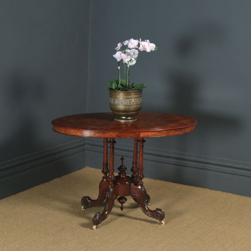 Antique English Victorian Burr Walnut Inlaid Oval Occasional / Silver / Centre Table (Circa 1860)