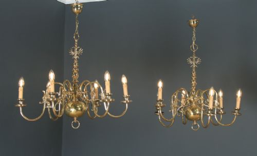 fig 1. Antique Pair of Flemish 19th Century Electrical Brass Six Light Chandeliers (Circa 1900)