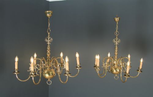 fig 2. Antique Pair of Flemish 19th Century Electrical Brass Six Light Chandeliers (Circa 1900)