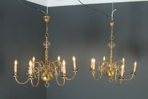 fig 3. Antique Pair of Flemish 19th Century Electrical Brass Six Light Chandeliers (Circa 1900)