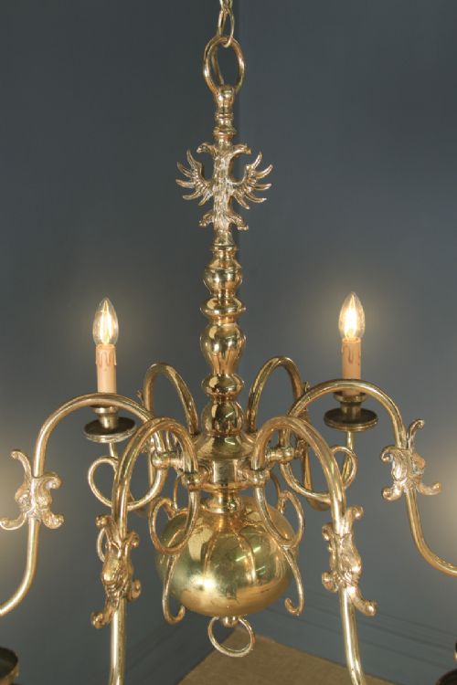 fig 4. Antique Pair of Flemish 19th Century Electrical Brass Six Light Chandeliers (Circa 1900)