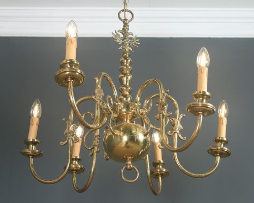 fig 5. Antique Pair of Flemish 19th Century Electrical Brass Six Light Chandeliers (Circa 1900)