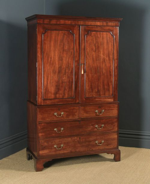 fig 1. Antique English Georgian Figured Mahogany Linen Press Wardrobe Armoire (Circa 1780)