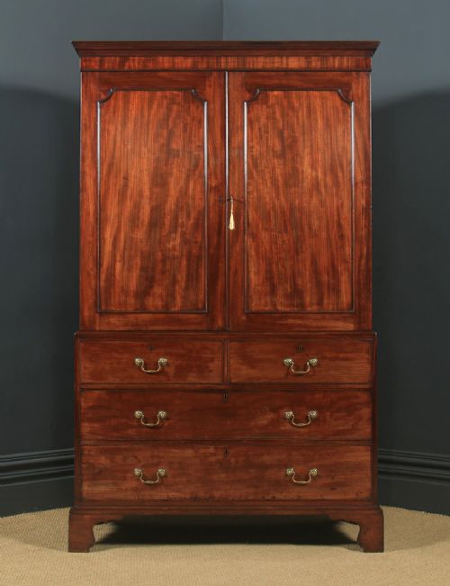 fig 2. Antique English Georgian Figured Mahogany Linen Press Wardrobe Armoire (Circa 1780)