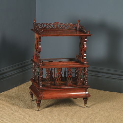 Antique English Victorian Rosewood Two Tier Canterbury Whatnot Magazine / Newspaper / Music Rack / Stand / Tidy (Circa 1860)
