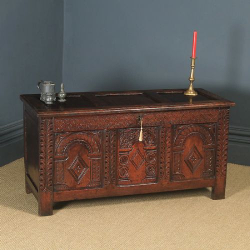 Antique English Late 17th Century Oak Carved Triple Panel Coffer Chest Blanket Box (Circa 1680)