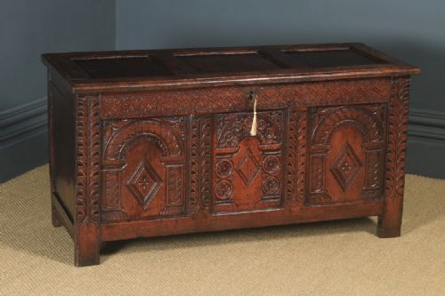 fig 1. Antique English Late 17th Century Oak Carved Triple Panel Coffer Chest Blanket Box (Circa 1680)