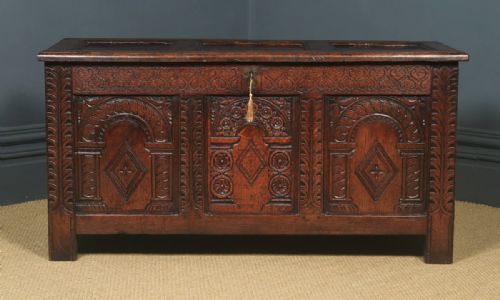 fig 2. Antique English Late 17th Century Oak Carved Triple Panel Coffer Chest Blanket Box (Circa 1680)