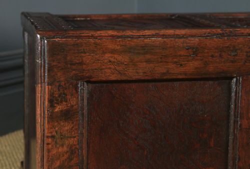 fig 4. Antique English Late 17th Century Oak Carved Triple Panel Coffer Chest Blanket Box (Circa 1680)