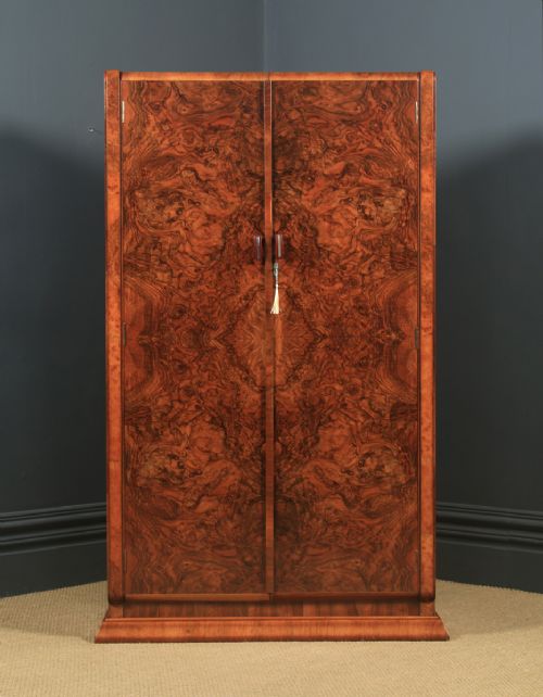 fig 1. Antique English Art Deco Burr Walnut Two Door Wardrobe Armoire (Circa 1930)